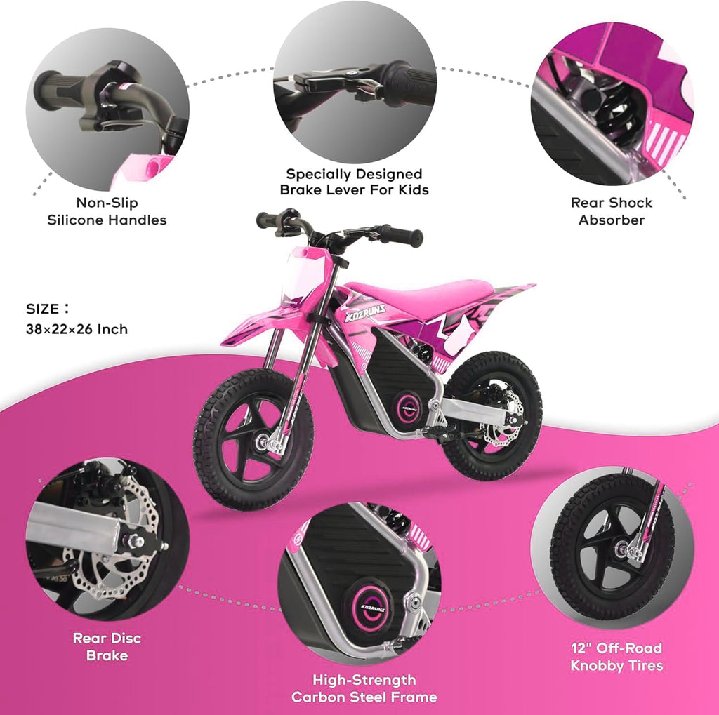 AIII Electric Dirt Bike for Kids 3-7, High Performance Racing Grade Motorcycle, Up to 8MPH, 2 Speed Settings, 12-Inch Off-Road Tires, Rear Disc Brakes & Advanced Shock Absorption, Pink