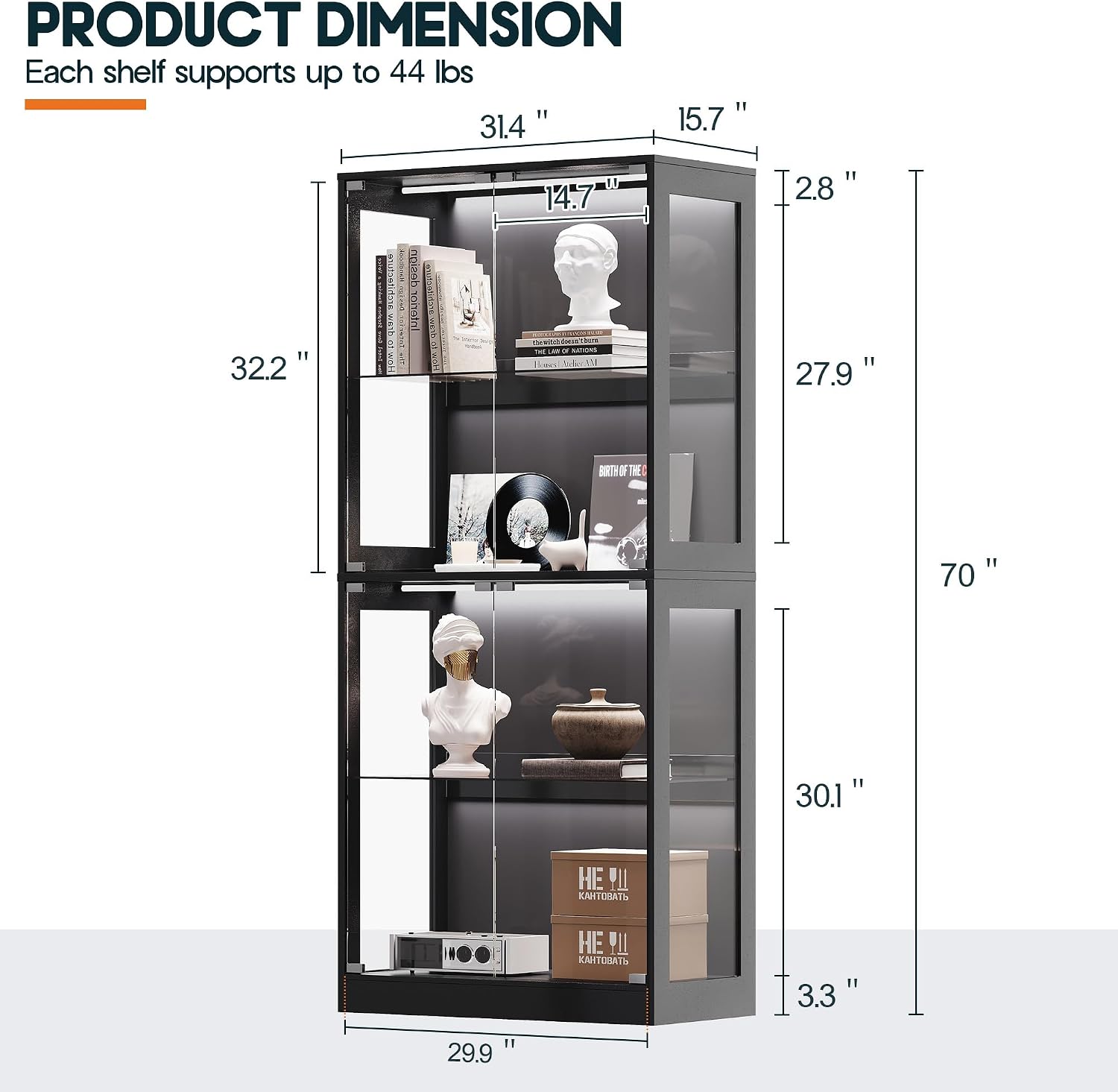 AMERLIFE RGB Display Cabinet with Adjustable Glass Shelves, 4-Tier Storage Case with LED Lights & Press-to-Open Doors, Modern Display Shelf for Collectibles, Black 70' H×32' L×16' D