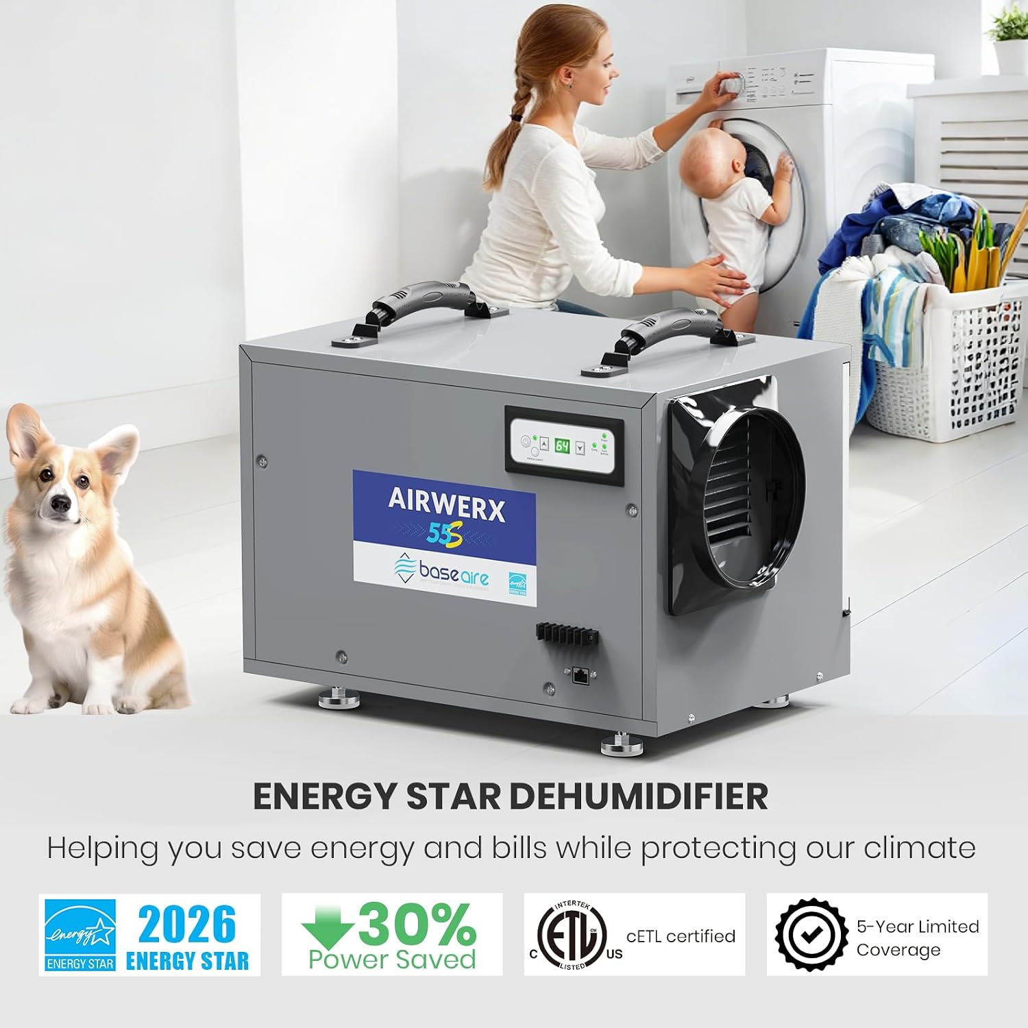 BaseAire 120 Pints Crawl Space Dehumidifier with Drain Hose, Energy Star Dehumidifier for Commercial, Home and Basement, Compact, Auto Defrost, Intelligent Control, Auto Restart, Up to 1300 Sq Ft