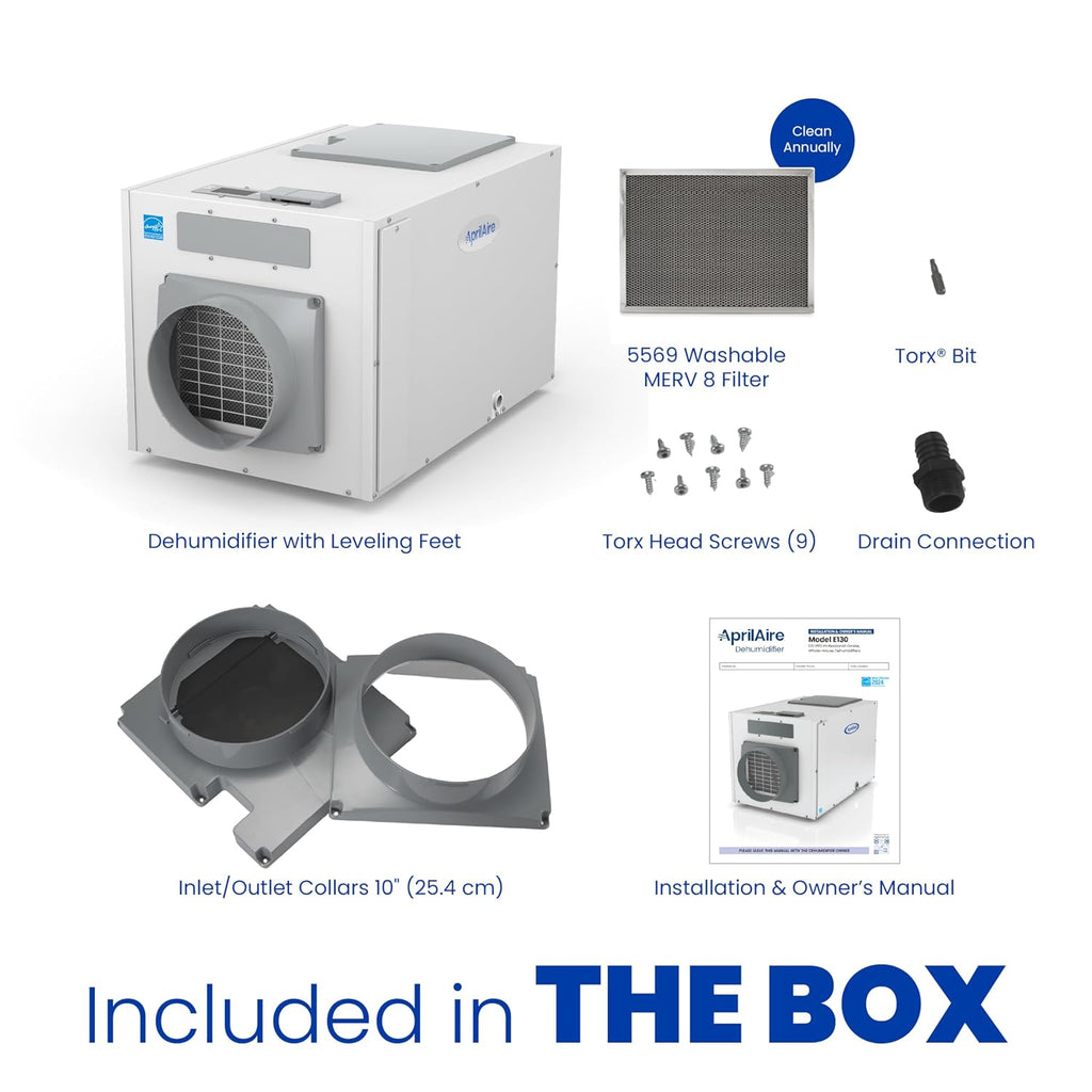 AprilAire E130 Pro 130-Pint Whole-House Dehumidifier, Energy Star Certified, Commercial-Grade for Basement, Crawlspace or Whole House up to 7,200 sq. ft.