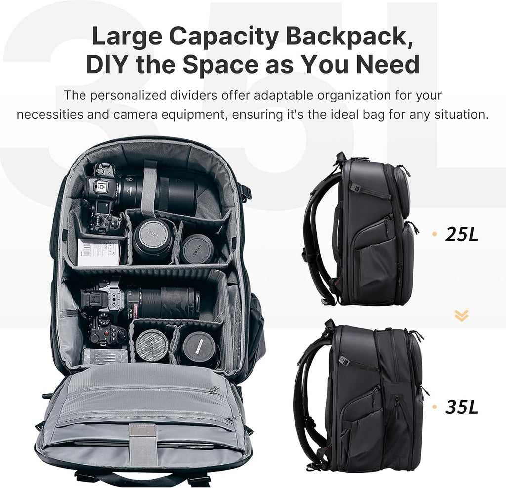 ULANZI BP10 35L Hardshell Camera Backpack, Professional Splash-proof Photography Camera Case Anti Theft Travel f Photographers Unisex Drone DSLR Mirrorless Camera Lens Tripod Holder 17'' Laptop Black