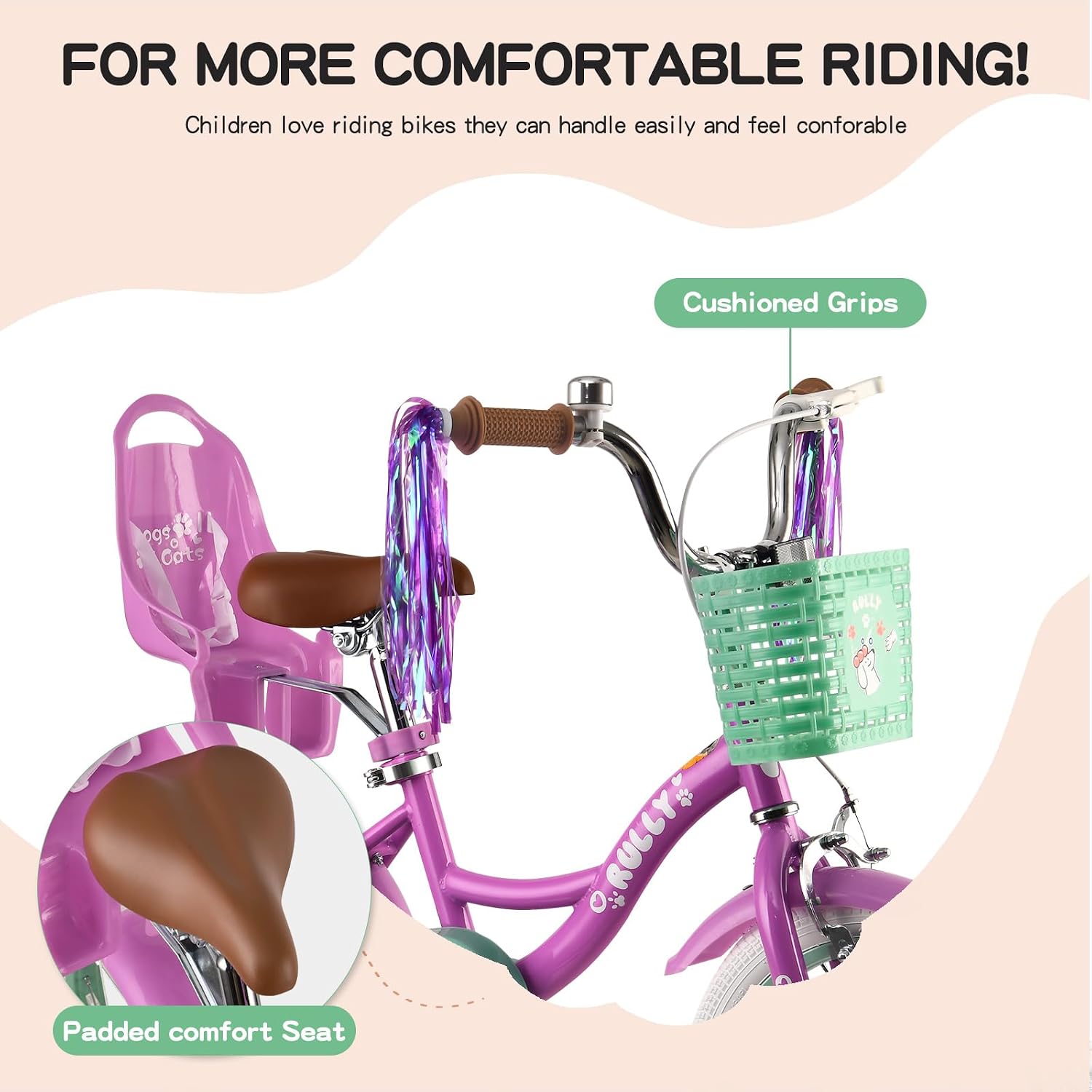 RULLY 12 14 16 Inch Girls Bike with Doll Seat Basket and Training Wheels for 2-6 Years Children