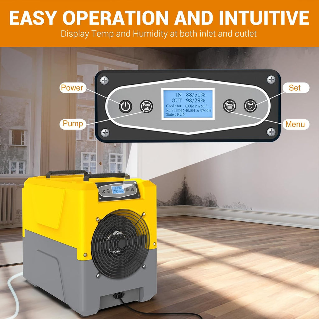 Mounto 150 Pints Compact Commercial Dehumidifier, LGR Technology, Built-in Pump, ETL Certified, Ideal for Large Spaces, Water Damage Restoration, Industrial Use (Yellow)