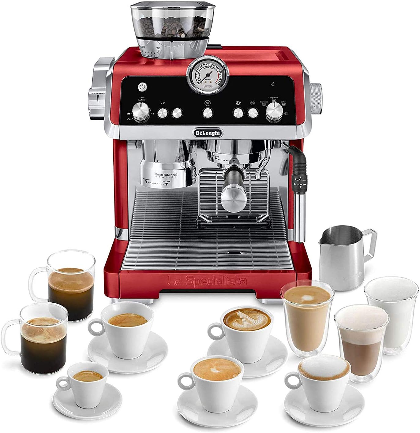 De'Longhi EC9335R La Specialista Espresso Machine with Sensor Grinder, Dual Heating System, Advanced Latte System & Hot Water Spout for Americano Coffee or Tea, Stainless Steel,67.6 oz, Red