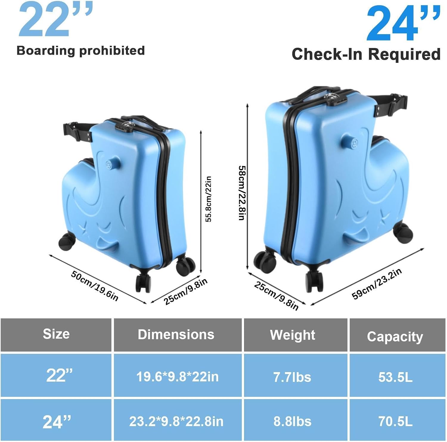 22 Inch Kids Ride On Travel Suitcase, Rolling Luggage with Wheels Carry Trolley Luggages with Password Lock, Children's Ride On Trolley for Children's Day Gift, Festival Gift