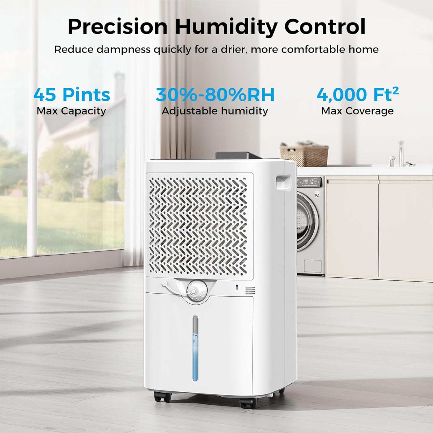4,000 Sq.ft Dehumidifier for Basement, 45 Pint Dehumidifiers for Home with Drain Hose, Smart Humidity Control, Auto Defrost, Auto Restart, 24H Timer, for Bedroom, Bathroom, RV, Garage