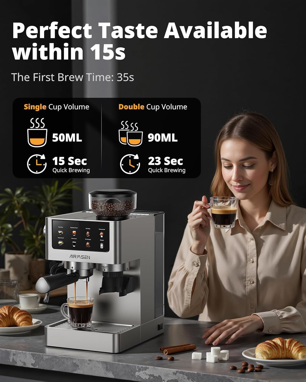 AIRMSEN Espresso Machines with Burr Grinder, 20 Bar, Milk Frother Steam Wand, Stainless Steel Coffee Maker for Home - Cappuccino Latte & Cold Brew Iced Coffee Maker & Americano