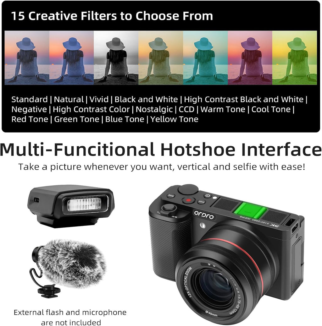 Ordro 5K Digital Camera for Photography, 5K 64MP 12X Optical Zoom YouTube Vlogging Camera with Autofocus & Manual Focus, Travel Camera Content Creator with Control, 64G Card, 2 Batteries