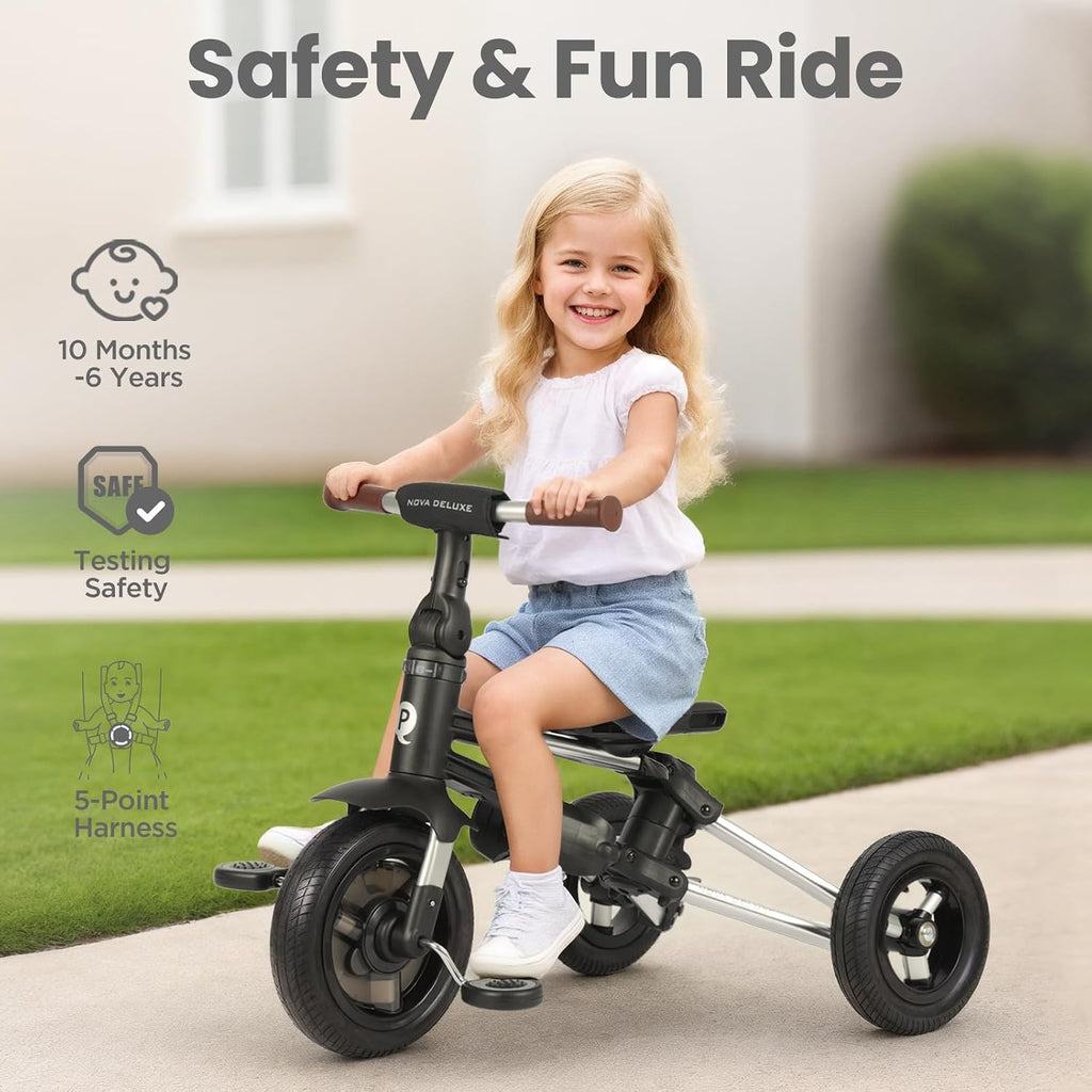 QPlay Baby Bike Stroller for Age 10 Months to 6 Years Old,8 in 1 Folding Toddler Bike Stroller with Removable Canopy & Guardrail Rotatable Seat -Tricycle for Toddlers Age 3-5 Boys & Girls Gift Trike
