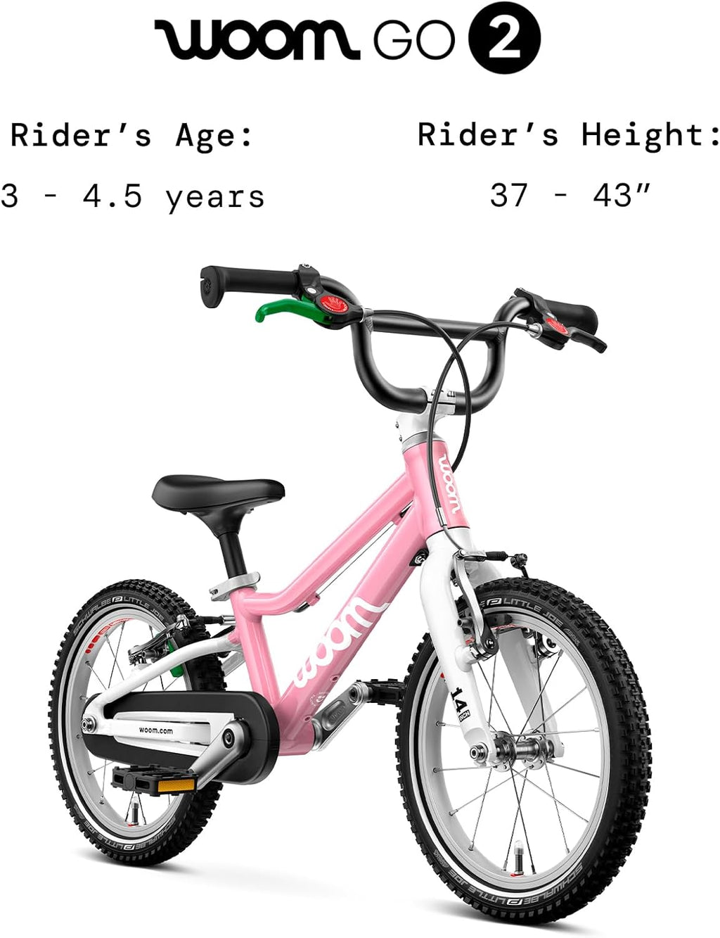 woom GO 2 Bicycle for Children 3 to 4.5 Years Old, 14-Inch Lightweight Bike with Handbrake, Steering Limiter & Chainguard for Boys & Girls