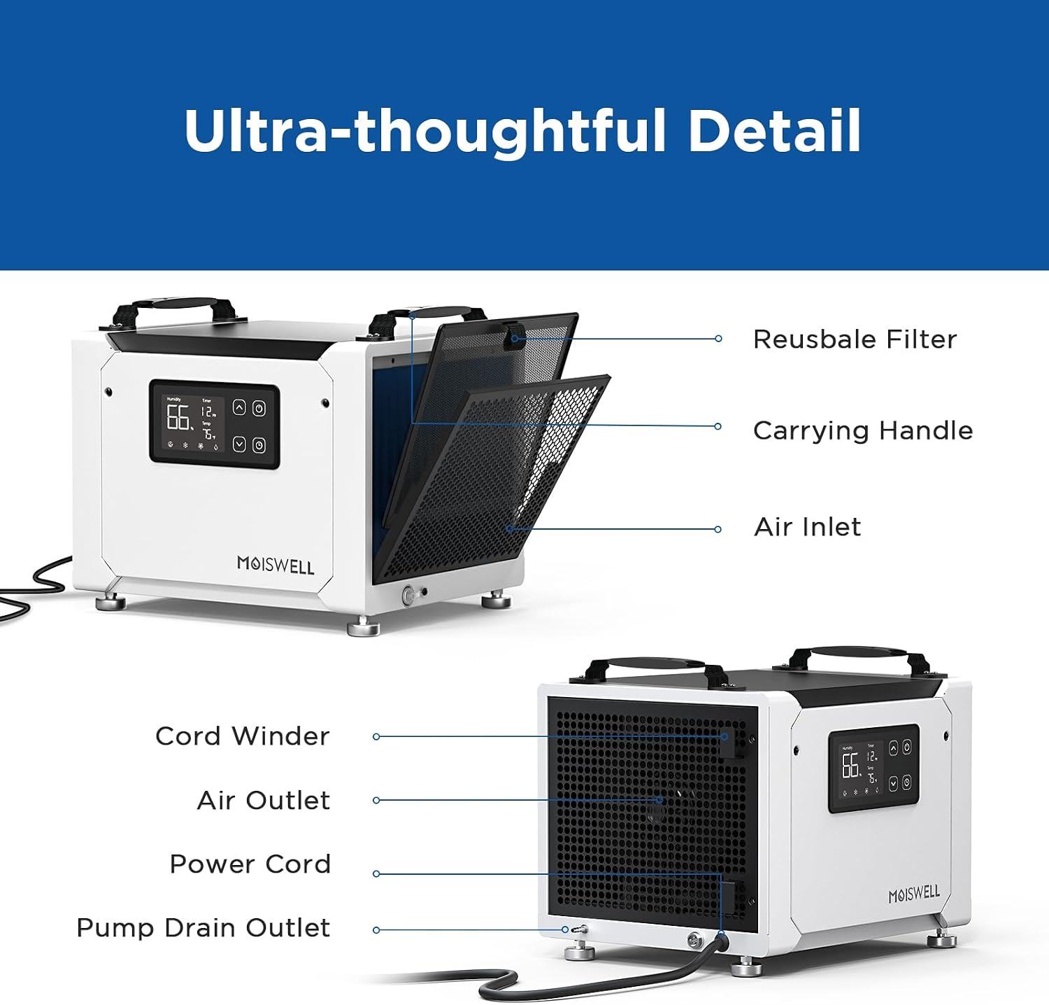 70 Pints Commercial Dehumidifier with Pump, Portable Crawl Space Dehumidifiers for Basement and Home, Energy Star Efficient Certified, Automatic Defrost | MOISWELL Defender ME-7S