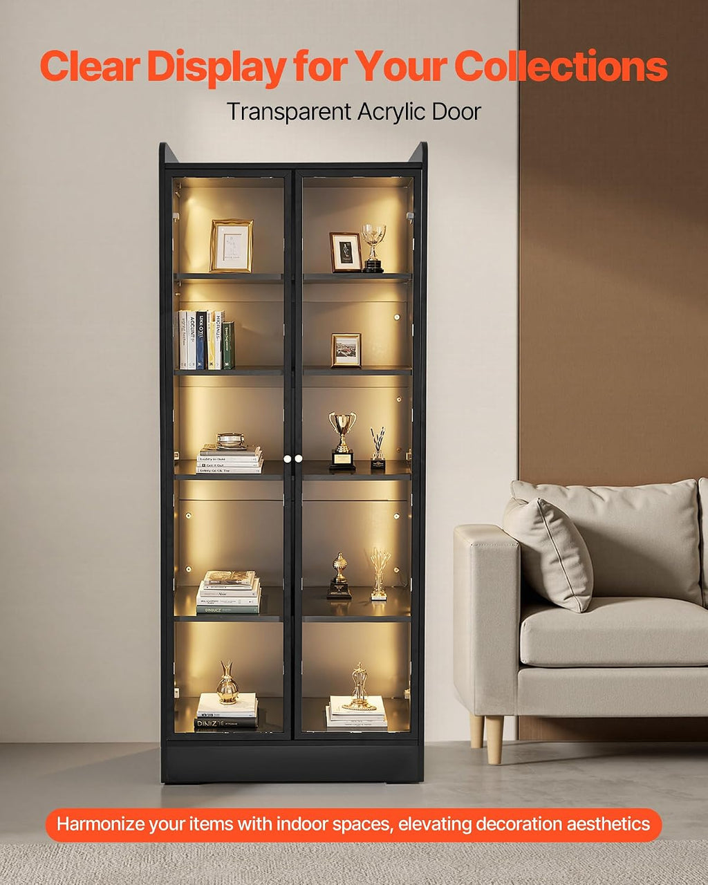 VEVOR Display Cabinet with Doors, 67in Tall Display Case with 2 Adjustable Shelves, 3 LED Lights, 5-Tier Curio Collectibles Storage Cabinet, Bookshelf Bookcase for Pantry Bedroom Living Room Office