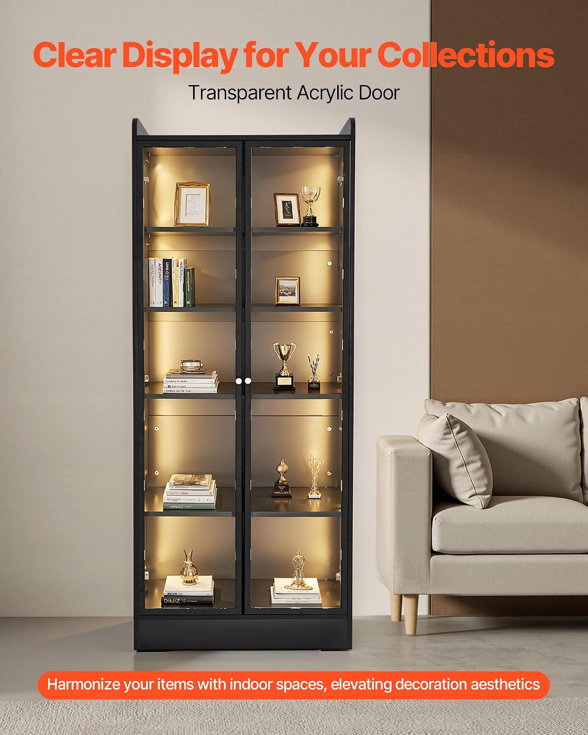 VEVOR Display Cabinet with Doors, 67in Tall Display Case with 2 Adjustable Shelves, 3 LED Lights, 5-Tier Curio Collectibles Storage Cabinet, Bookshelf Bookcase for Pantry Bedroom Living Room Office