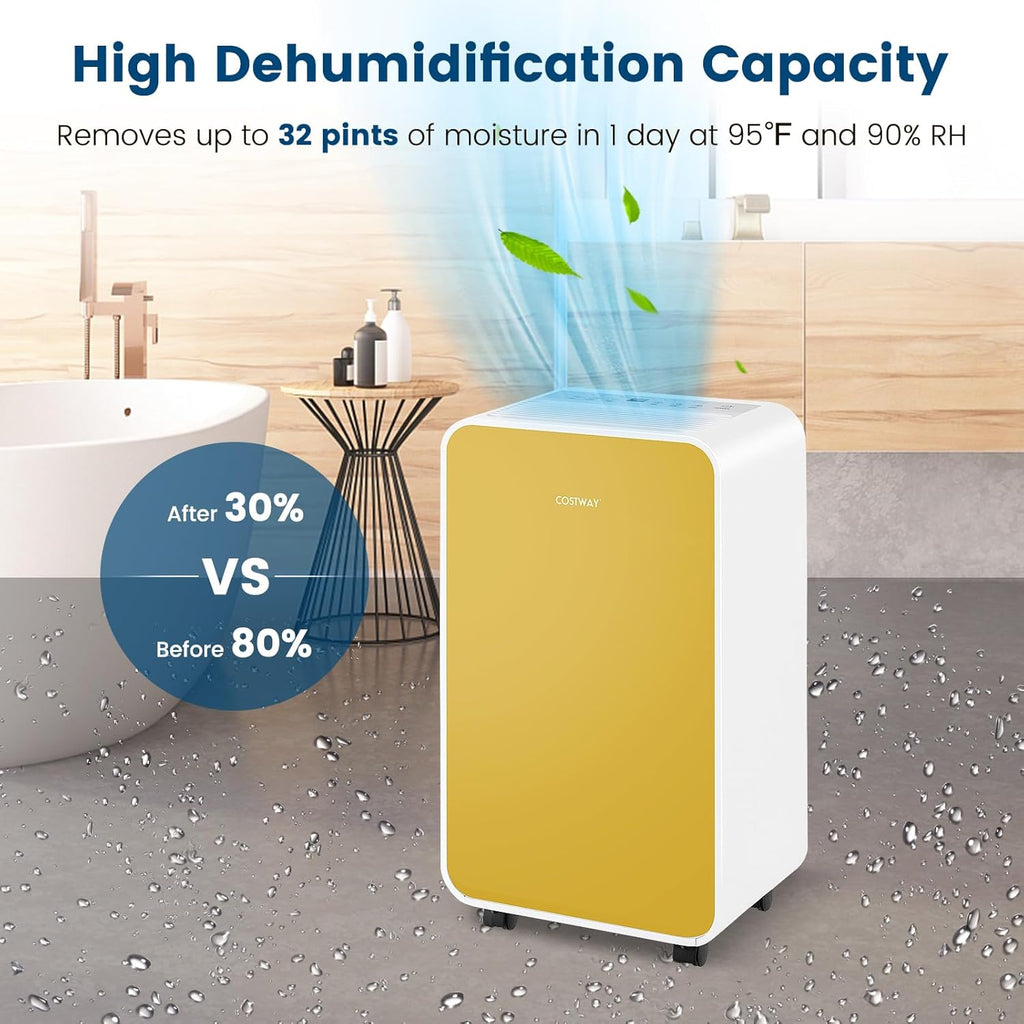 COSTWAY 2500 Sq. Ft Dehumidifier for Basement, 32 Pints Portable Quiet Dehumidifier for Bedroom Bathroom with Sleep Mode, 24H Timer, Auto Shut Off, Auto Defrost & Drain Hose (Yellow)