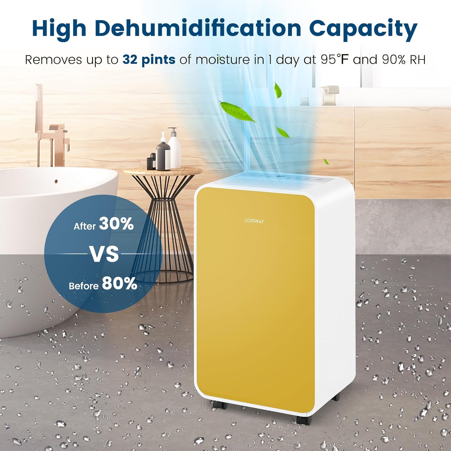 COSTWAY 2500 Sq. Ft Dehumidifier for Basement, 32 Pints Portable Quiet Dehumidifier for Bedroom Bathroom with Sleep Mode, 24H Timer, Auto Shut Off, Auto Defrost & Drain Hose (Yellow)