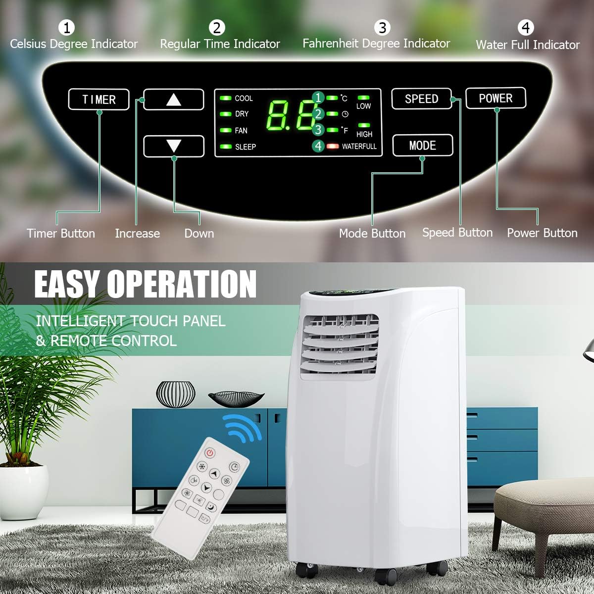 COSTWAY 8000 BTU Portable Air Conditioner, 3-in-1 Air Cooler w/Built-in Dehumidifier, Fan Mode, Sleep Mode, Remote Control& LED Display, Rooms Up to 230+ Sq. ft, for Home Office (White)