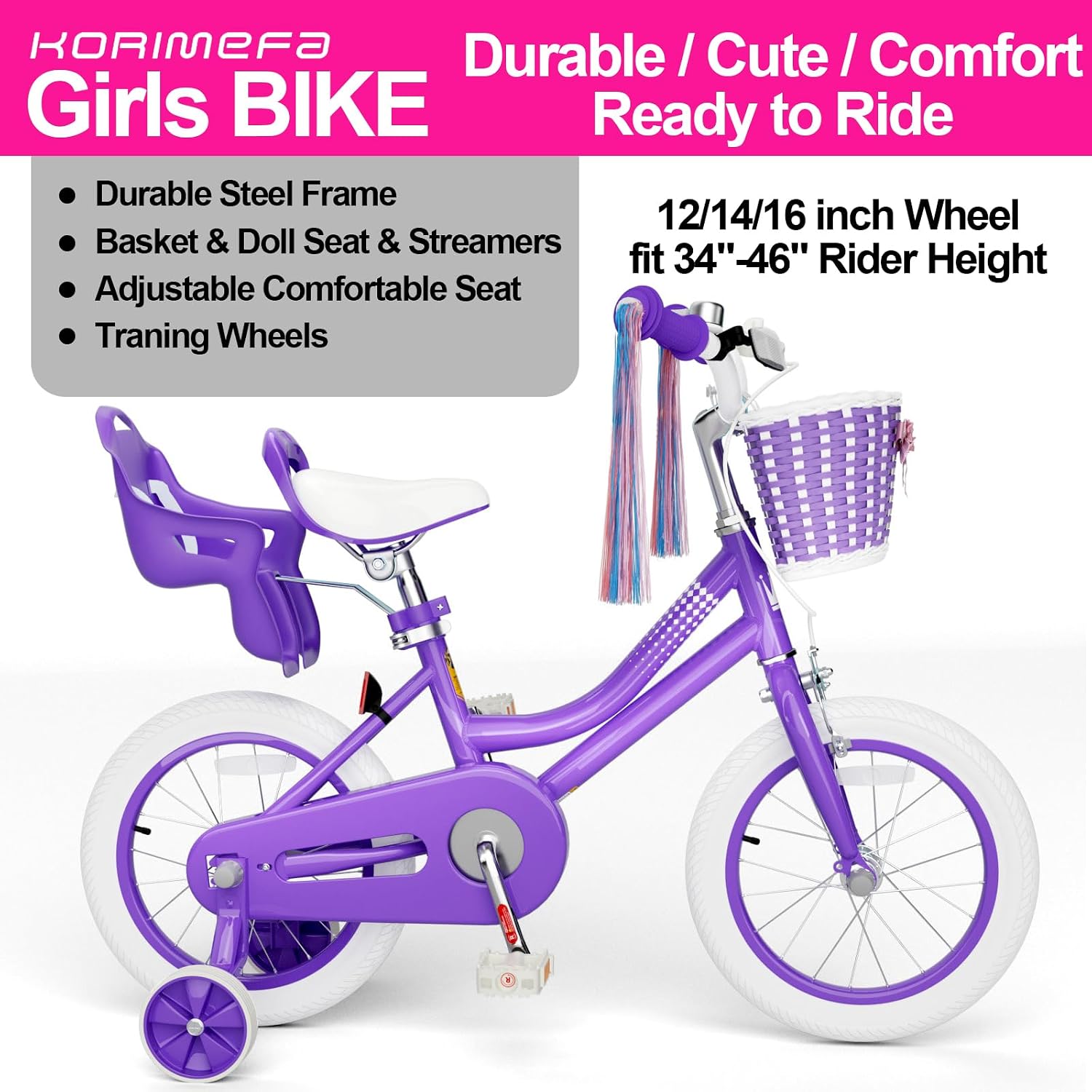 KORIMEFA Toddler Kids Bike for Ages 2-8 Years Girls with Doll Seat and Basket, 12 14 16 Inch Bicycle with Training Wheels, Little Small Princess Bicycle with Streamers