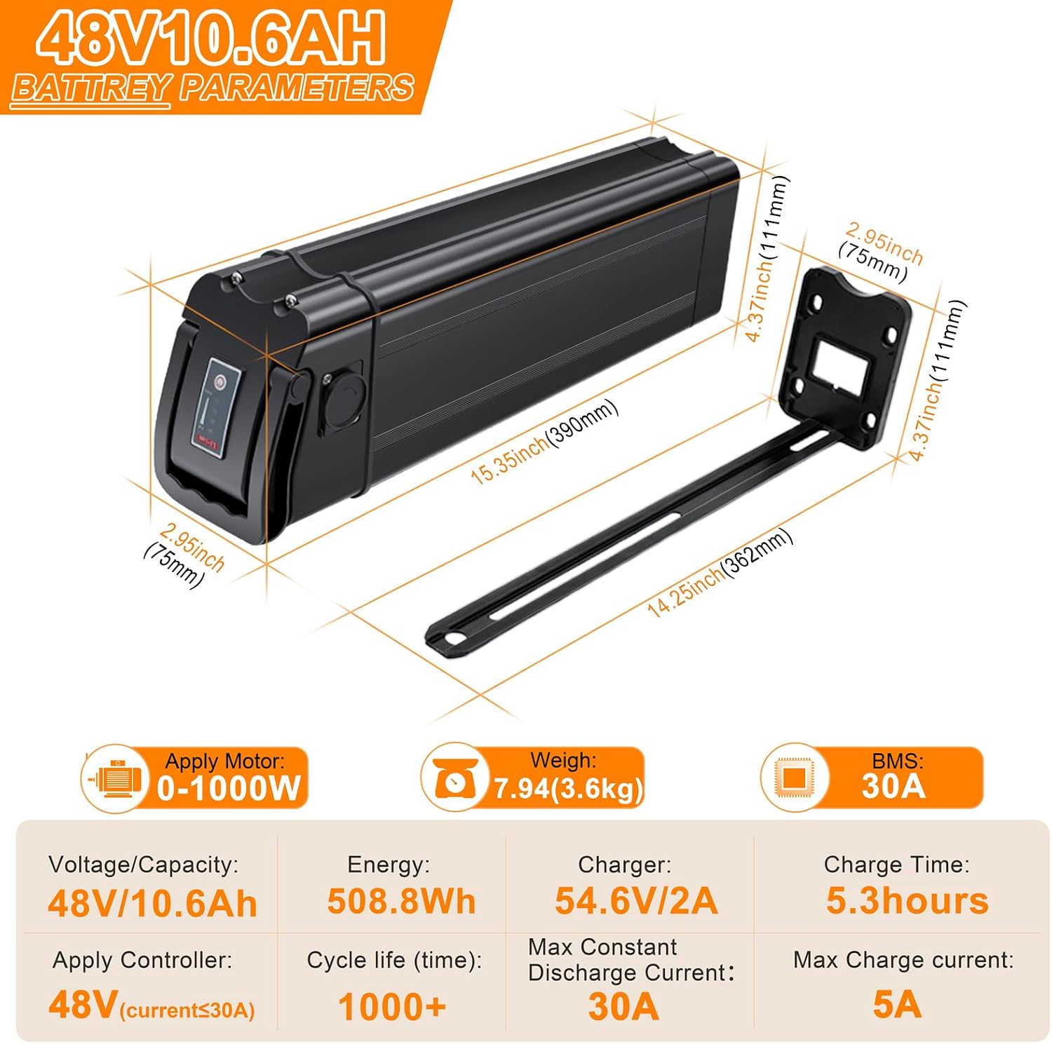 48V E-Bike Battery, Silver Fish Lithium Batteries 30A BMS, Safe Lock, Led Indicator Light for Controller 0W-1000W Motors (48V 10.6AH 0-1000W)