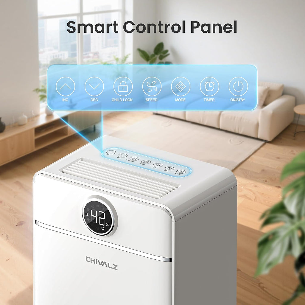 CHIVALZ 1800 Sq.Ft Dehumidifier for Basement, Quiet Dehumidifier for Home, Bedroom, Bathroom, Humidity Display, with Drain Hose, Auto Shut Off, 3 Modes, Timer, Auto Defrost, Child Lock, White 1Pack
