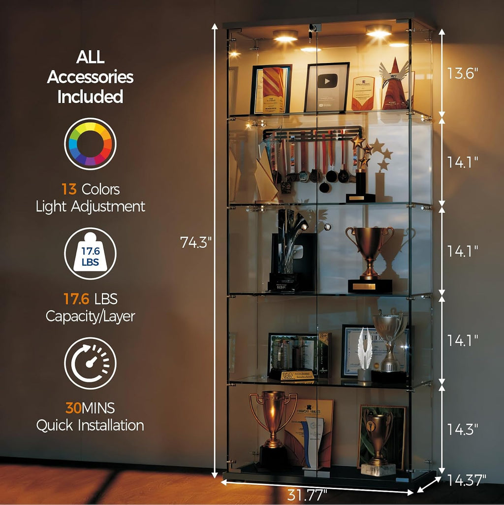 Garvee Glass Display Cabinet with LED Light, Tempered Glass Curio Collection Display Showcase with 5 Shelves and Lock, 2 Door Curio Cabinets for Living Room Bedroom Office, Black