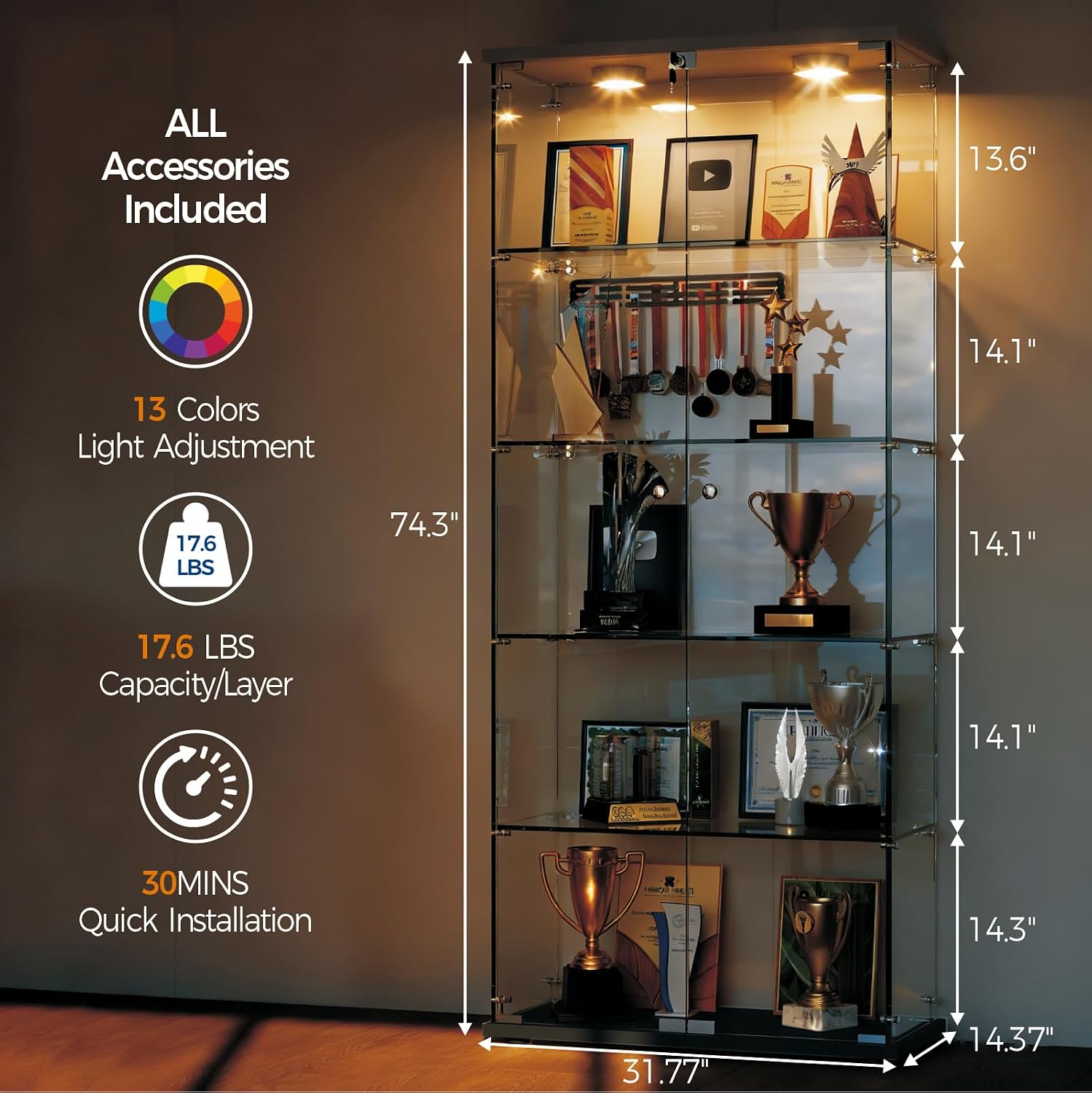 Garvee Glass Display Cabinet with LED Light, Tempered Glass Curio Collection Display Showcase with 5 Shelves and Lock, 2 Door Curio Cabinets for Living Room Bedroom Office, Black