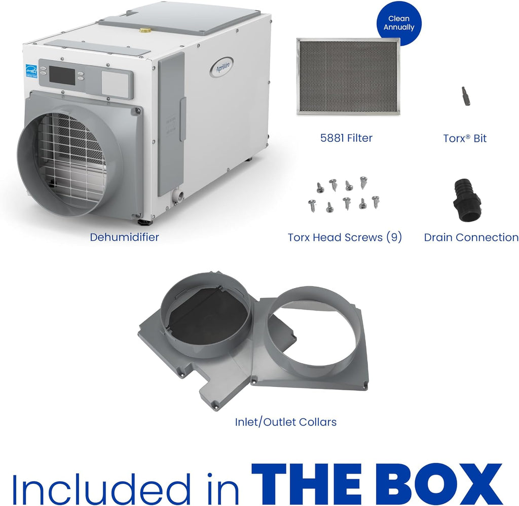 AprilAire E100 Whole House Dehumidifier for Basement & Crawl Space – 100-Pint High-Capacity Commercial Dehumidifier for Homes Up to 5,500 Sq. Ft. with Pump, Drain Hose, & Hanging Kit for DIY Install