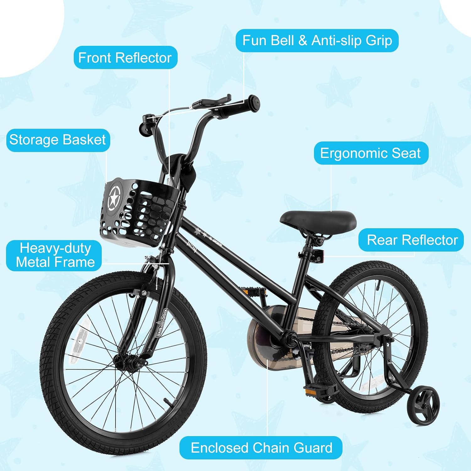 BABY JOY Starry Kids Bike, 12 14 16 18 Inch Bicycle with Training Wheels, Storage Basket, Adjustable Handlebar & Seat, Handbrake & Coaster Brake, Girls Boys Bike