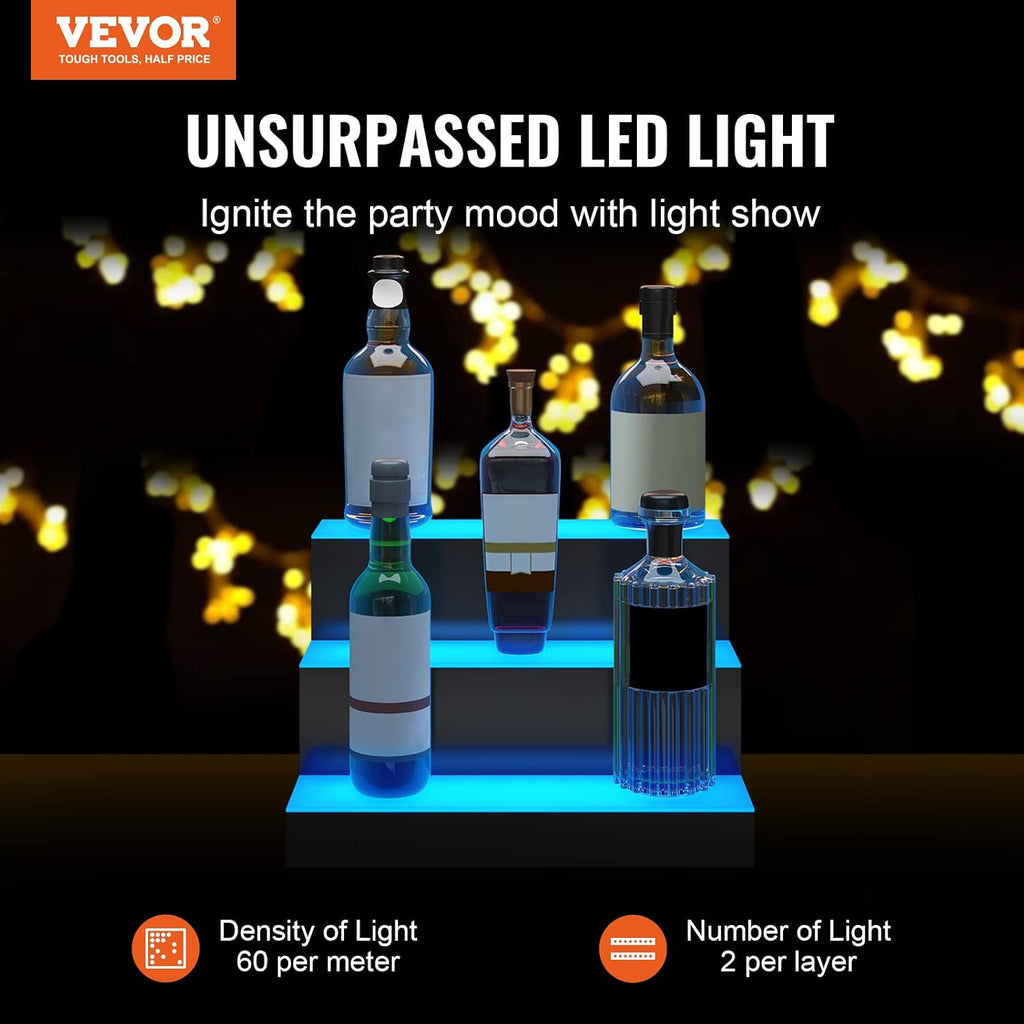 VEVOR LED Lighted Liquor Bottle Display, 3 Tiers 16 Inches, Supports USB, Illuminated Home Bar Shelf with RF Remote & App Control 7 Static Colors 1-4 H Timing, Acrylic Lighted Shelf for 12 Bottles