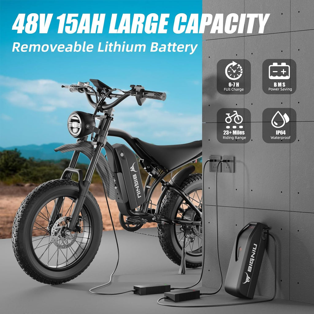 BIGNIU BG-S Electric Bike for Adults – 20'x4.5' Fat Tire, 1200W Motor, 48V 15Ah Battery, 7-Speed, Dual Disc Brakes for Off-Road and City Riding