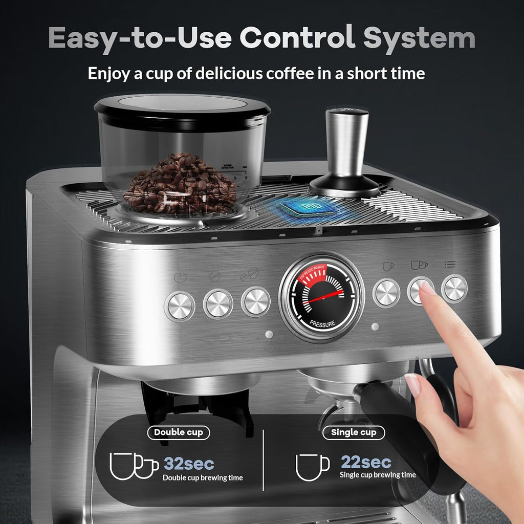 20 Bar Espresso Machine with Grinder & Milk Frother Steam Wand, 96 oz Removable Water Tank, Expresso Coffee Machines Commercial Espresso Maker for Home or Café, latte, Cappuccino - Stainless Steel