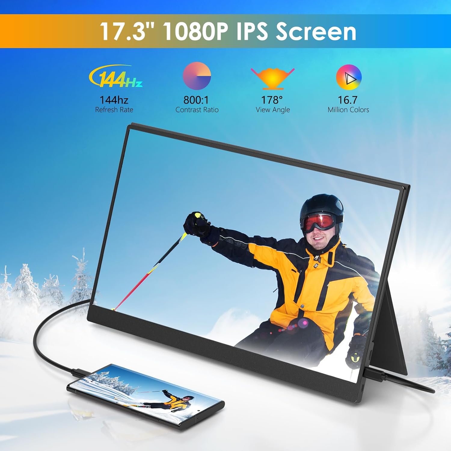 WGK Portable Monitor Narrow Edge 17.3' 1080P FHD 144Hz USB-C HDMI Gaming PC IPS HDR Screen for Travel PC Mac Phone Xbox PS5 Switch Laptop with Smart Cover and Built-in Speakers