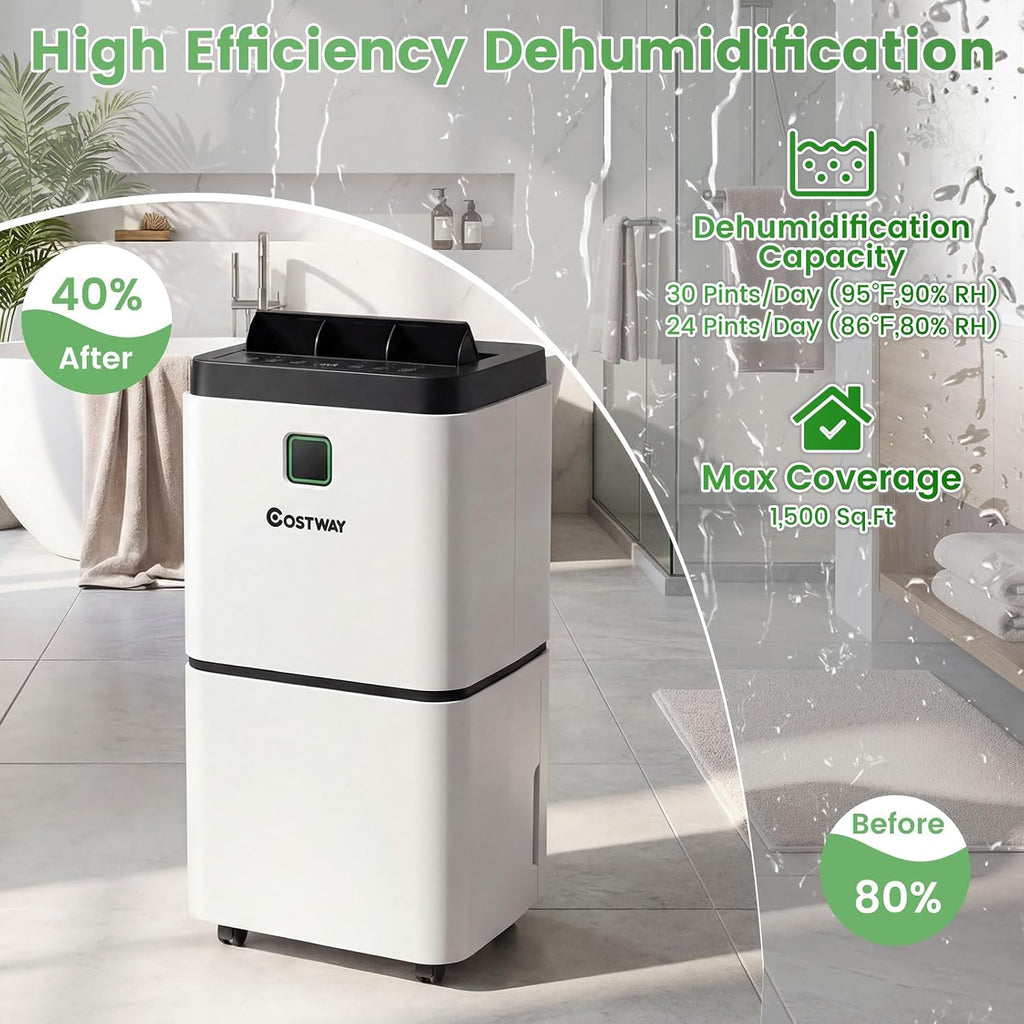 COSTWAY Dehumidifier for Large Room & Basements, 1500 Sq. Ft Portable 30 Pints Dehumidifier with 3 Color LED Light, 3 Modes, 2 Speeds, 12H Timer, Auto or Manual Drainage