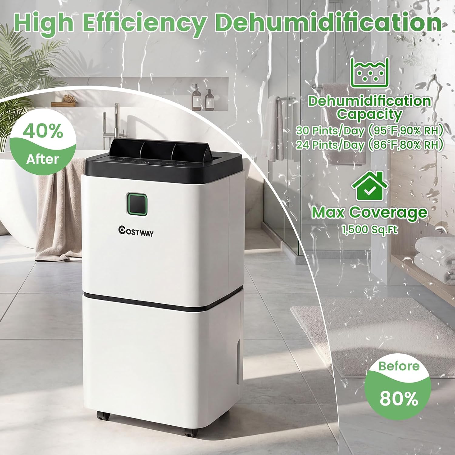 COSTWAY Dehumidifier for Large Room & Basements, 1500 Sq. Ft Portable 30 Pints Dehumidifier with 3 Color LED Light, 3 Modes, 2 Speeds, 12H Timer, Auto or Manual Drainage