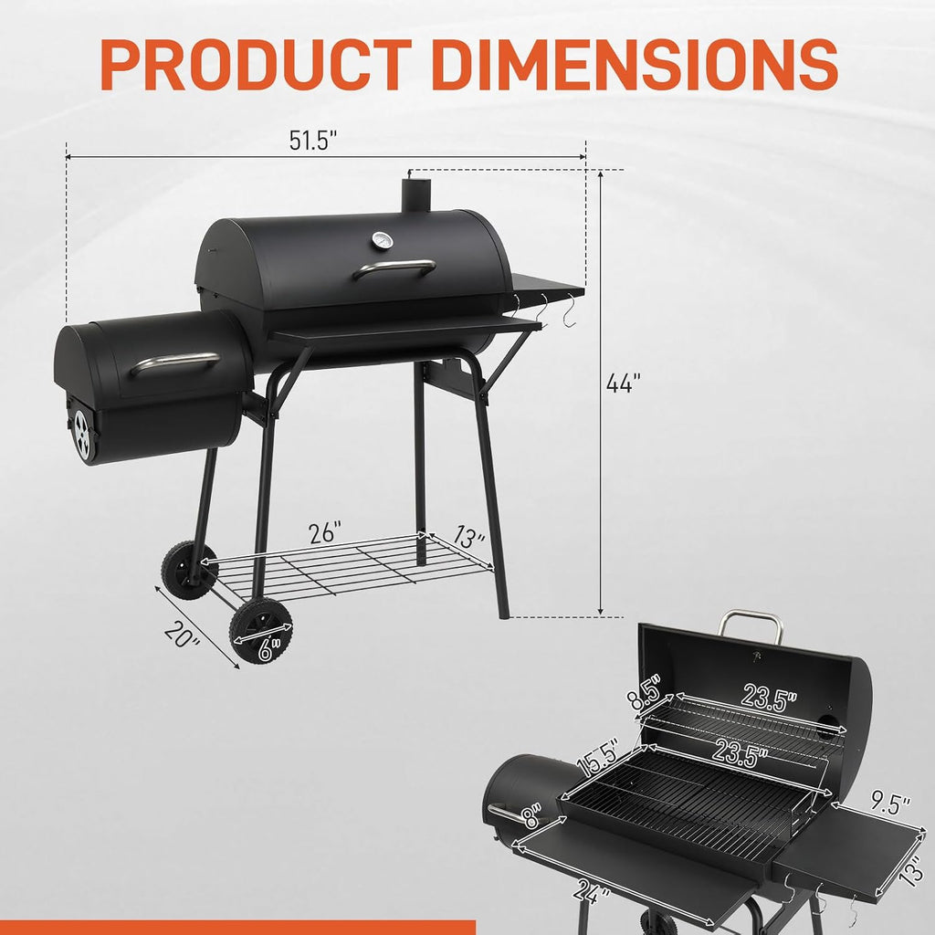 Outvita Charcoal Grill with Offset Smoker, Barrel Barbecue Smoker Grill with Spacious Cooking Area for BBQ, Backyard Patio Picnic Parties Camping, Black