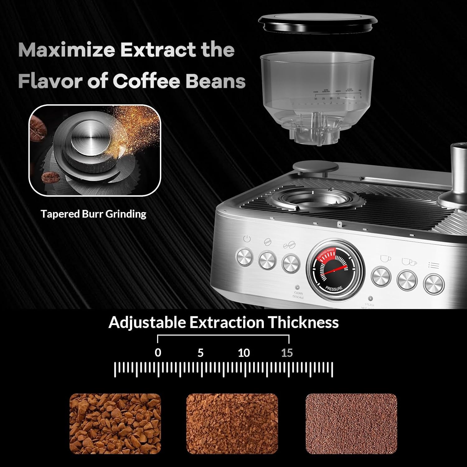 20 Bar Espresso Machine with Grinder & Milk Frother, Coffee Machine with 96Oz Removable Water Tank, Professional Espresso Maker for Home Café, Stainless Steel Coffee Maker for Cappuccino, Latte