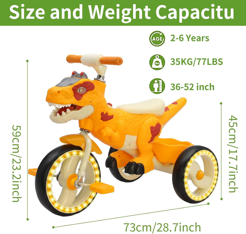 Dinosaur Kids Tricycle for Rider- Toddlers Kid Trike Bike Big Wheel with Music, Storage Basket,Light Wheel, Indoor/Outdoor Preschool Daycare Kids Bike,Best Gift for 3-7 Year Old Girls & Boys (Yellow)