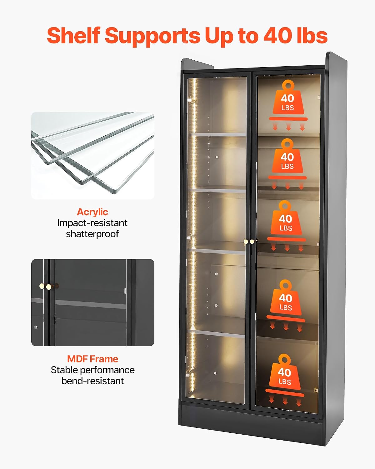 VEVOR Display Cabinet with Doors, 67in Tall Display Case with 2 Adjustable Shelves, 3 LED Lights, 5-Tier Curio Collectibles Storage Cabinet, Bookshelf Bookcase for Pantry Bedroom Living Room Office
