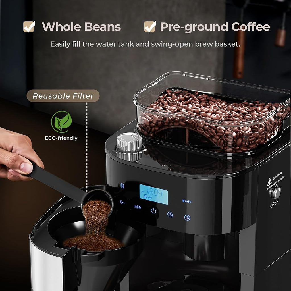 Drip Coffee Maker with Grinder Built In, 10-Cup Grind and Brew Coffee Machine Fully Automatic, Programmable with Brew Strength, Permanent Filter, Glass Carafe, 50oz Water Tank, Ideal for Home/Office