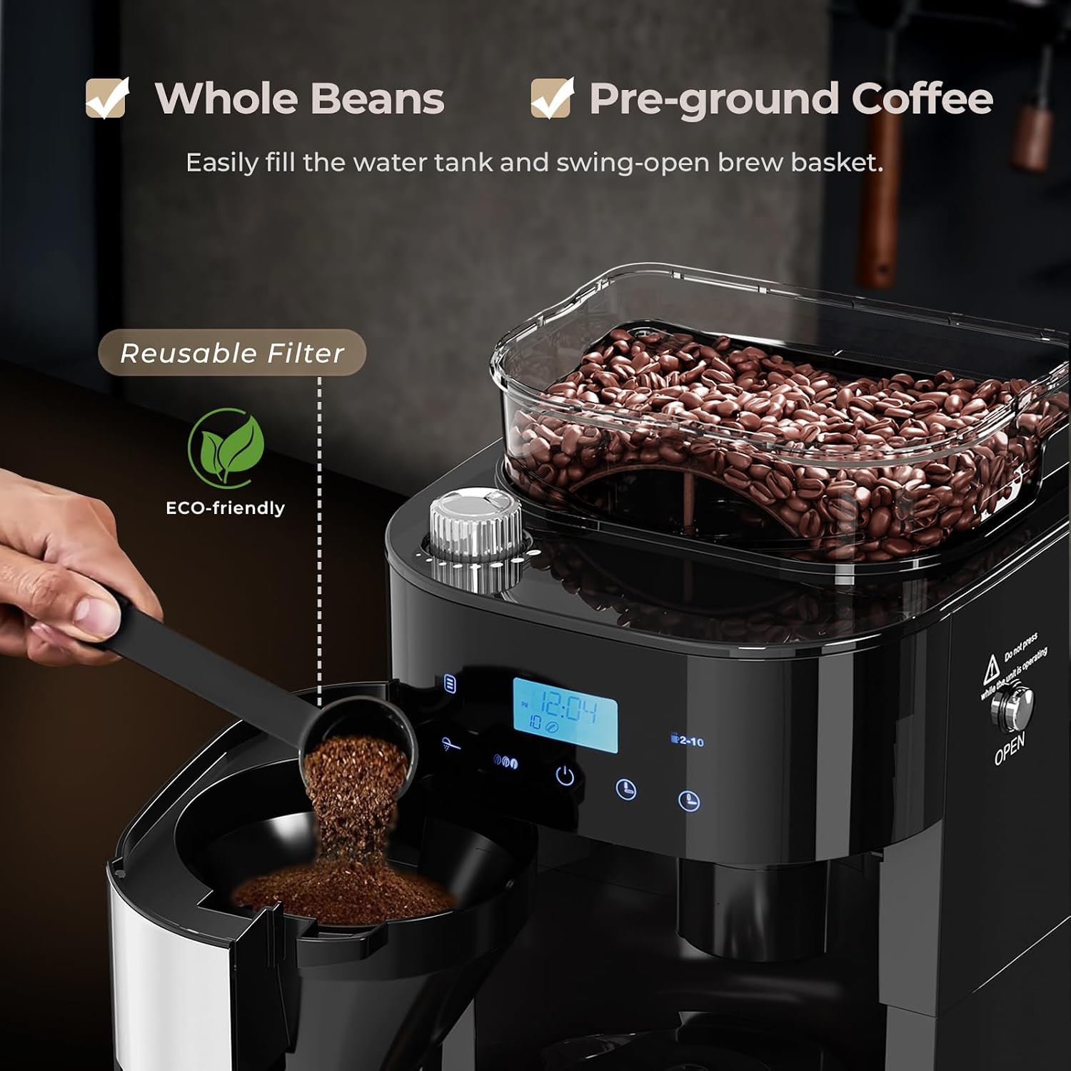 Drip Coffee Maker with Grinder Built In, 10-Cup Grind and Brew Coffee Machine Fully Automatic, Programmable with Brew Strength, Permanent Filter, Glass Carafe, 50oz Water Tank, Ideal for Home/Office