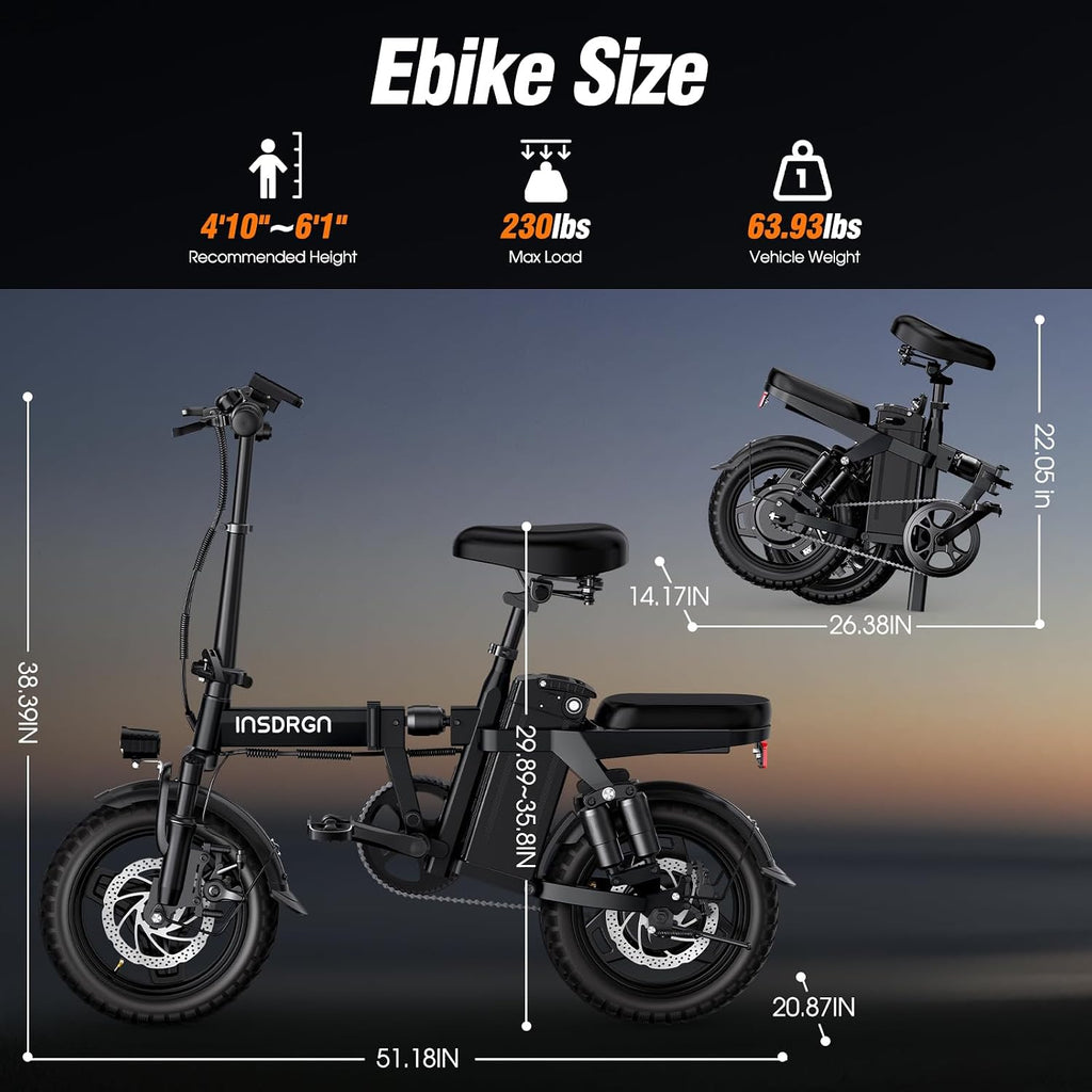 INSDRGN Electric Bike for Adults and Teens, 14' Folding E Bikes, 650W Peak Motor, 48V 499Wh/768Wh Removable Battery, 28-50 Miles PAS Range, 20MPH Electric Mountain Bike, 9 Shock Absorbers, UL 2849