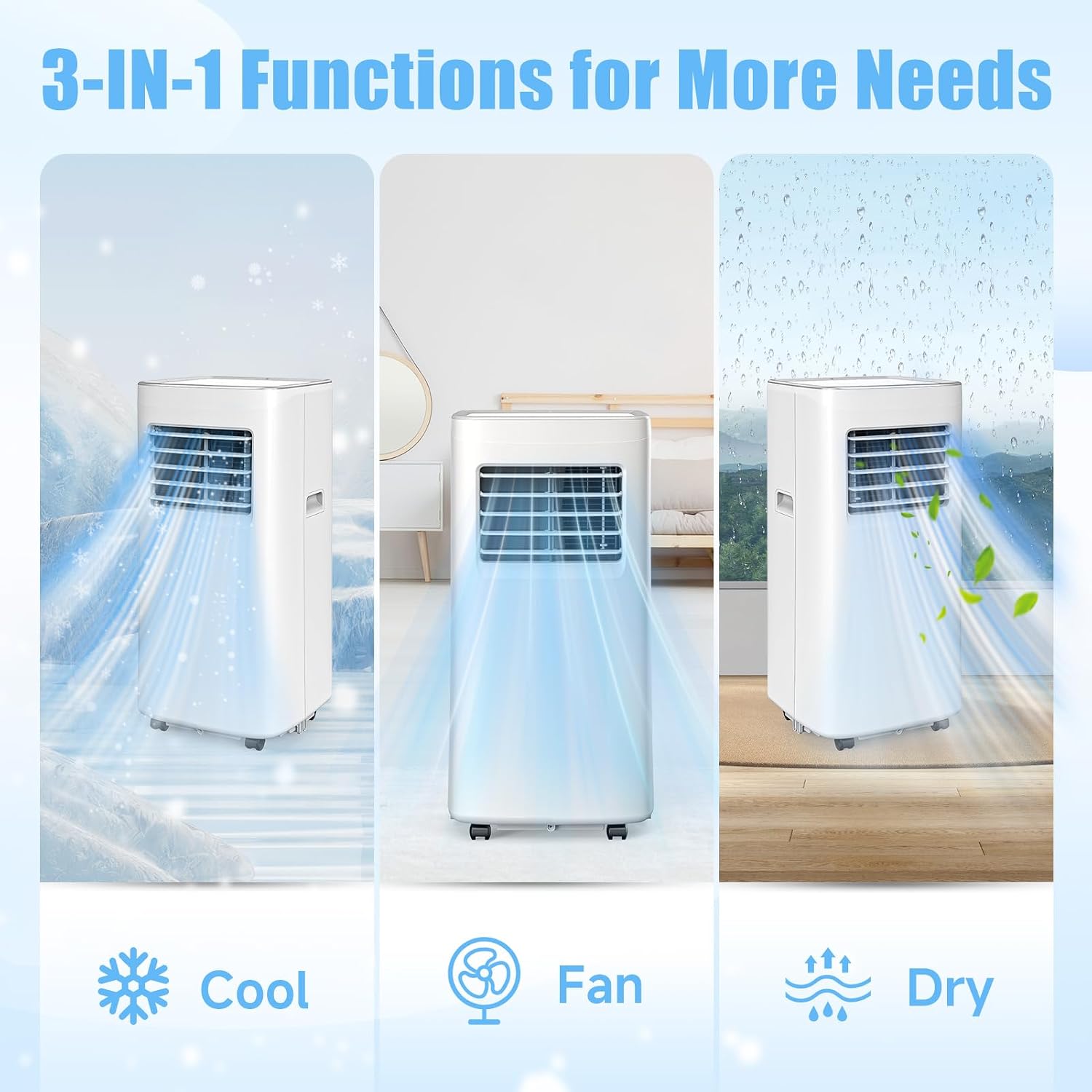 Portable Air Conditioners, 3-in-1 8500 BTU Cooling Unit with Fan & Dehumidifier for Room, Quiet Operation, Cools up to 450 sq.ft, Complete Window Installation Kit for Home Office