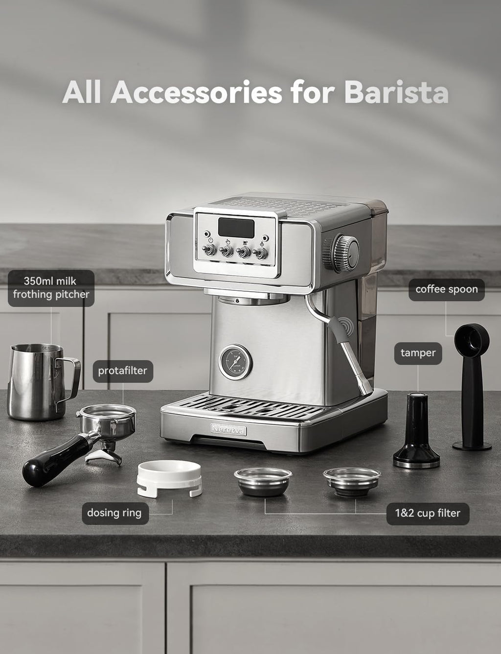 Neretva Espresso Machine, 58mm Professional Espresso Coffee Machine 15 Bar Retro Espresso Maker with Powerful Milk Frother & Visible Pressure Gauge for Home Barista Latte and Cappuccino Maker-Silver