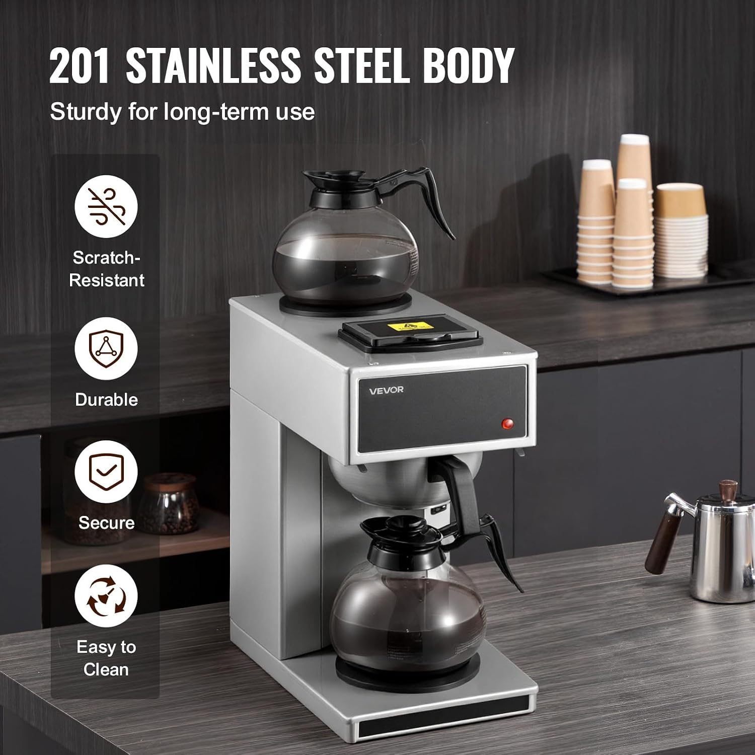 VEVOR Commercial Drip Coffee Maker, 12 Cups Coffee-Maker Machine with 2 Glass Carafes and 2 Decanter Warmer Plates, Stainless Steel Drip Style Coffee Brewer, for Restaurant, Office, Coffee Shop & Home