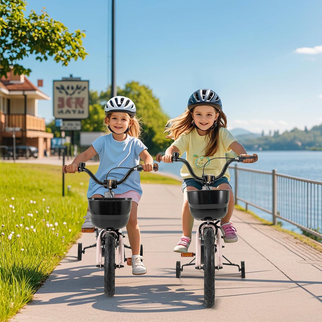 BABY JOY Kids Bike, 12' 14' 16' 18' Tank Bear DIY Children's Bicycle with Training Wheels, Storage Basket, Adjustable Handlebar & Seat, Handbrake & Coaster Brake, Girls Boys Bike