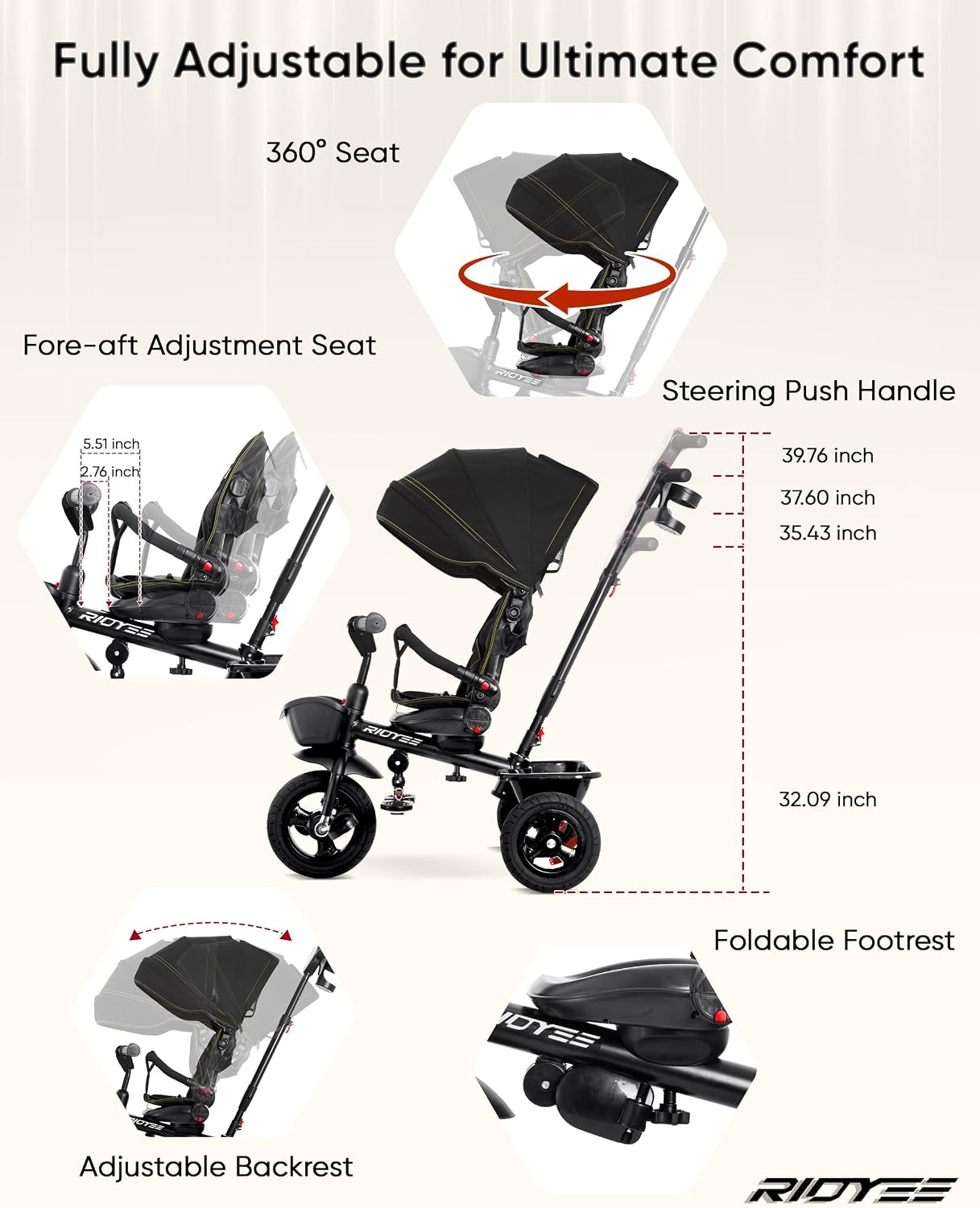 RIDYEE 7-in-1 Tricycle for 18 Months to 5 Years, All-Terrain Rubber Tires, Dual Wheel Brakes, Rotatable Seat for Toddlers 1.5-3, Tricycle for 3-5 Years with DIY Stickers, Black