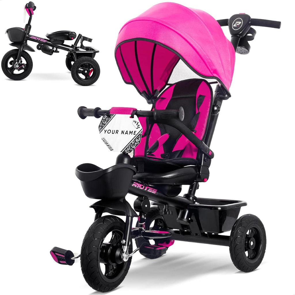 RIDYEE 7-in-1 Tricycle for 18 Months to 5 Years, All-Terrain Rubber Tires, Dual Wheel Brakes, Rotatable Seat for Toddlers 1.5-3, Tricycle for 3-5 Years with DIY Stickers, Pink