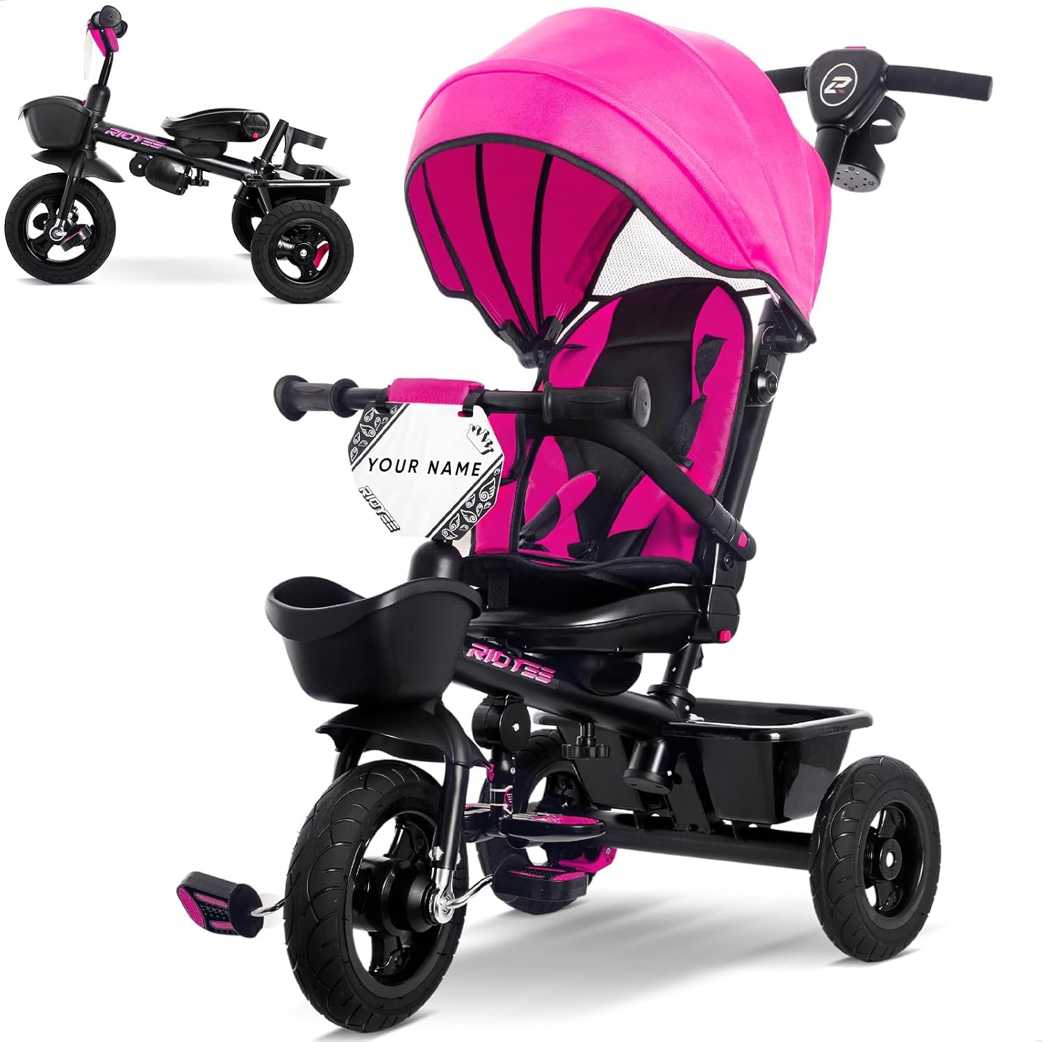 RIDYEE 7-in-1 Tricycle for 18 Months to 5 Years, All-Terrain Rubber Tires, Dual Wheel Brakes, Rotatable Seat for Toddlers 1.5-3, Tricycle for 3-5 Years with DIY Stickers, Pink