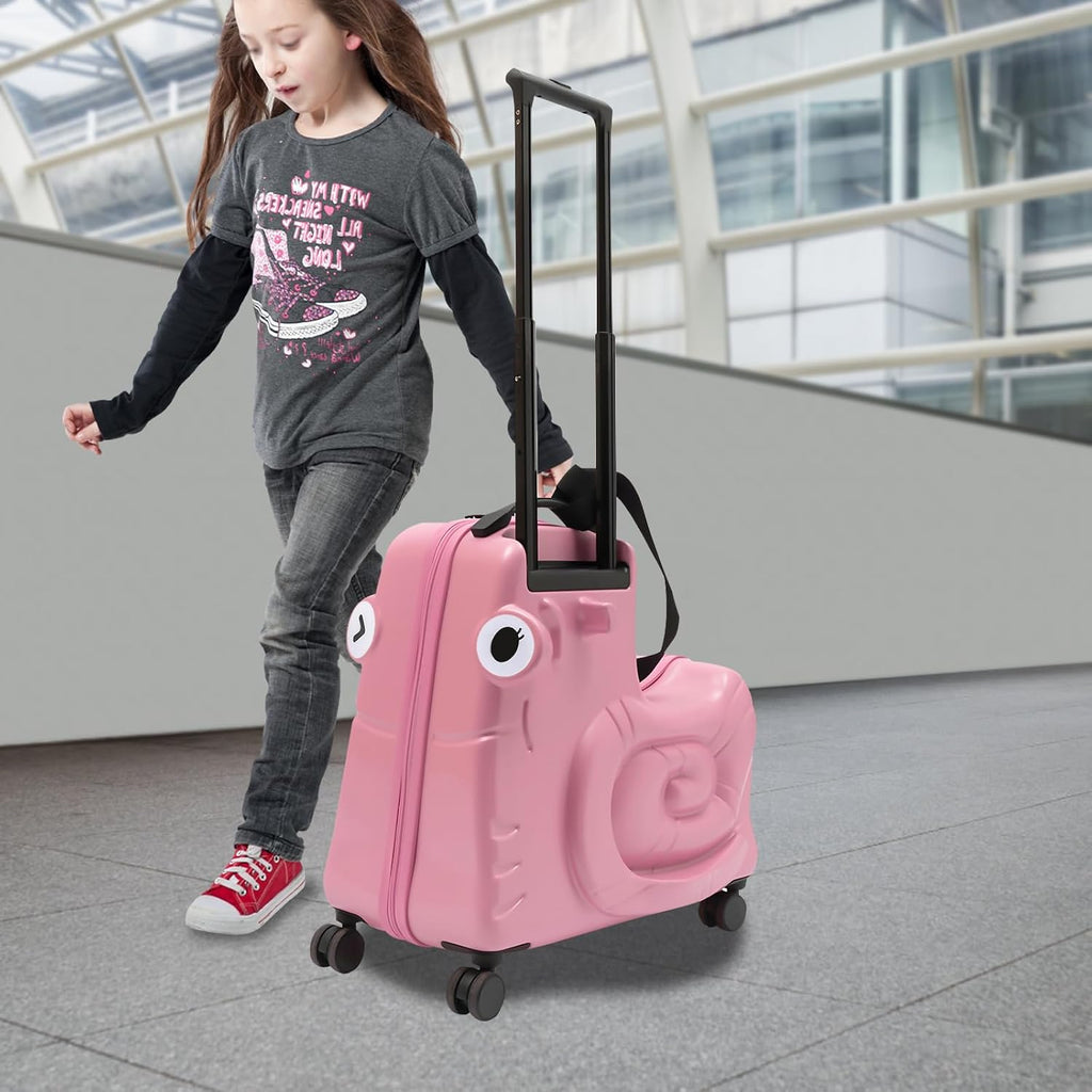 Kids Ride-On Luggage 20' with Spinner Wheels, Children's Travel Suitcase with Seat & Password Lock, Pink Cartoon Carry-On Trolley for Ages 1-6