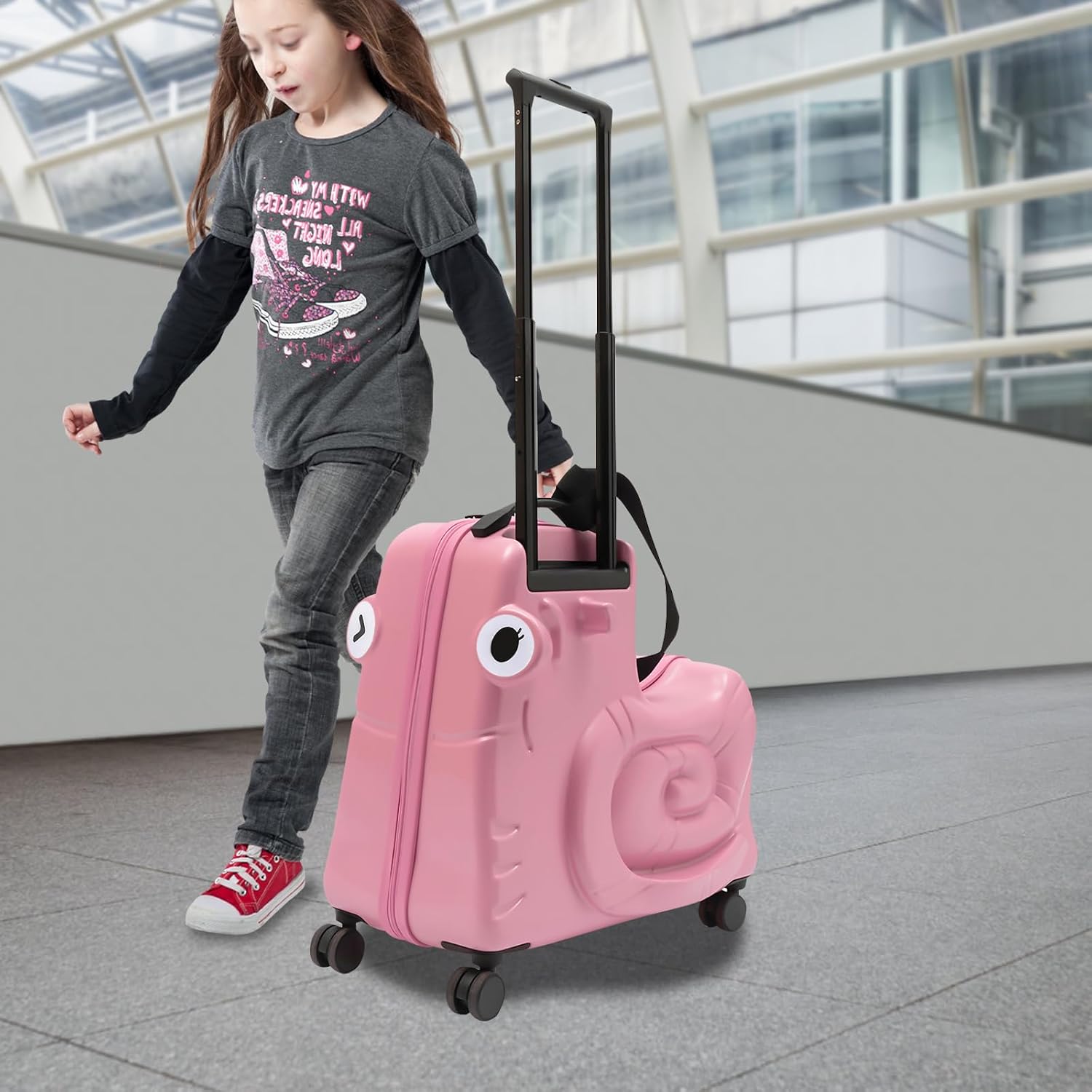 Kids Ride-On Luggage 20' with Spinner Wheels, Children's Travel Suitcase with Seat & Password Lock, Pink Cartoon Carry-On Trolley for Ages 1-6