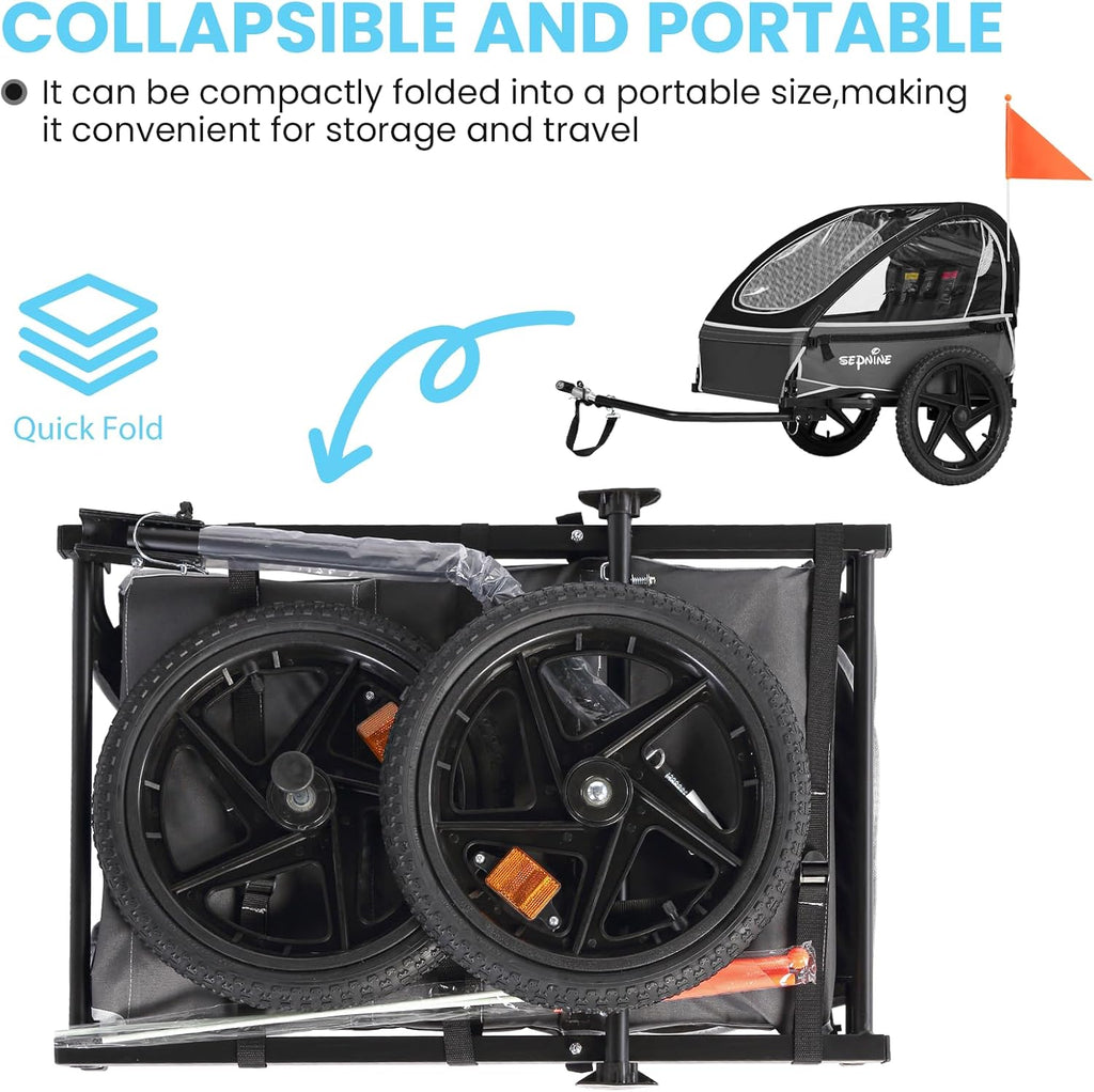 Sepnine Kids Bike Trailer, Suitable for 1 to 2 Kids, 12+ Months, Quick Attach to Bike, Foldable, with 5-Point Harness and Storage Bags